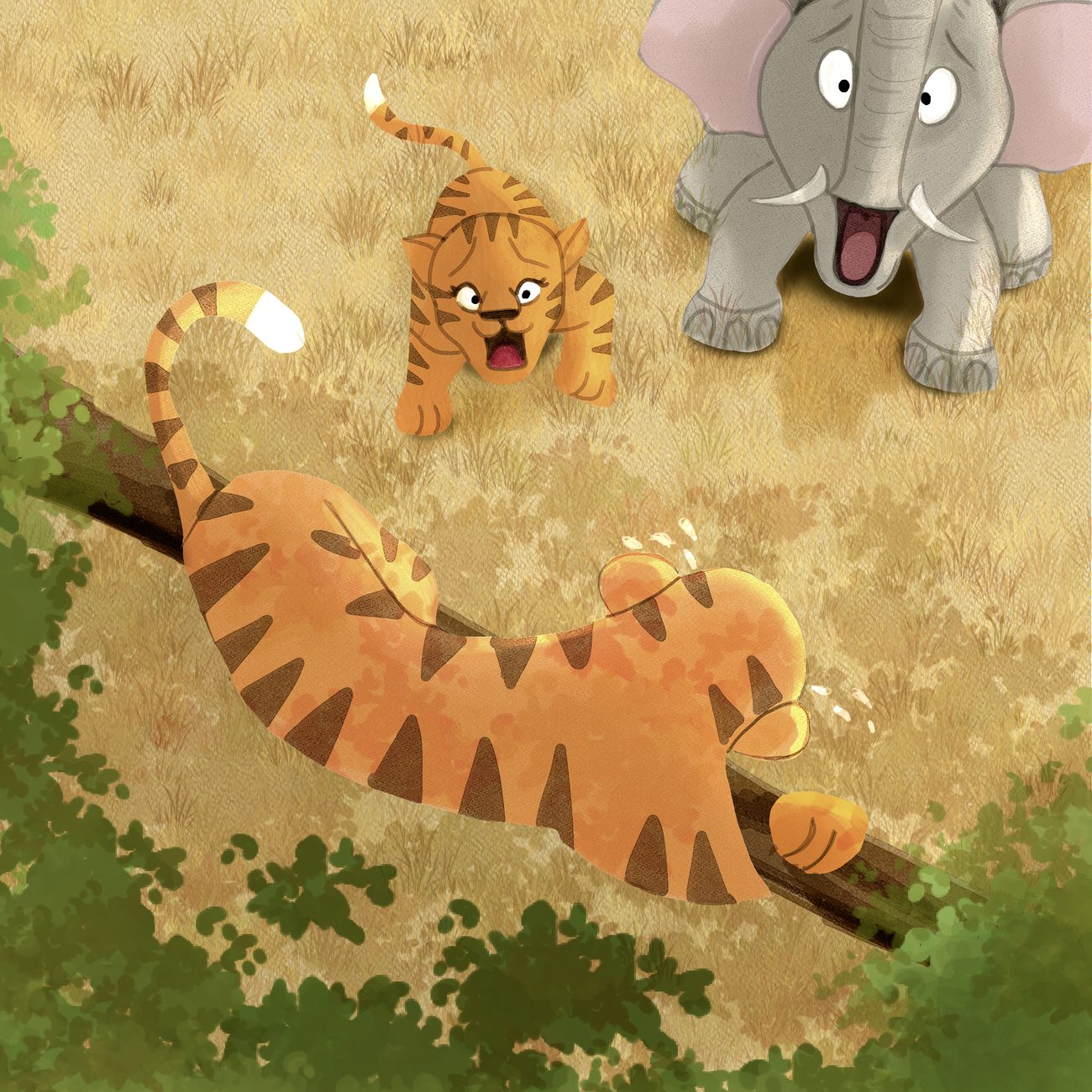 Un bébé tigre et un éléphant affolés